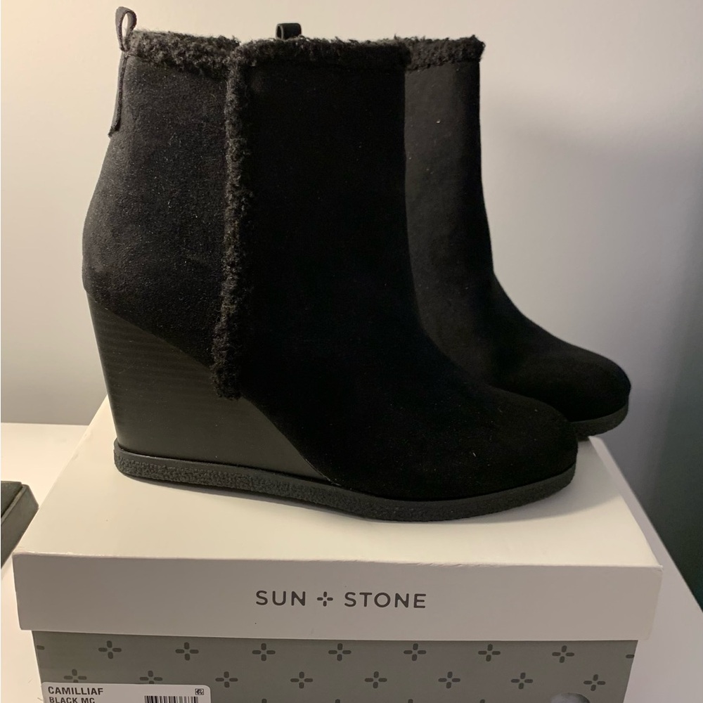 Sun + Stone Black Suede Wedge Boots